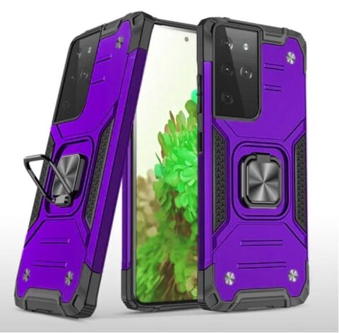 Противоударный чехол для Samsung Galaxy S21 Ultra / S30 Ultra фиолетовый с пластиной для магнитного автодержателя и кольцом подставкой