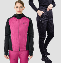 Премиальный костюм для лыж и зимнего бега Nordski Hybrid Hood Black/Fuchsia