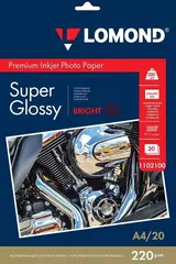 Суперглянцевая ярко-белая (Super Glossy Bright) микропористая фотобумага Lomond для струйной печати, A4, 220 г/м2, 20 листов (1102100)