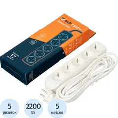 Удлинитель BigTech jet 5 розеток с заземлением 5м, 10А, 2200 Вт, белый