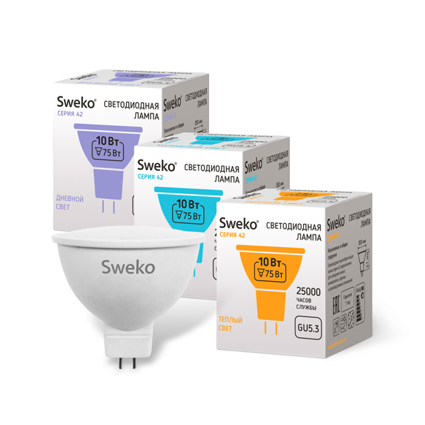 Лампа светодиодная рефлекторная Sweko 42LED-MR16-10W-230-3000K-GU5,3 (Теплый свет)