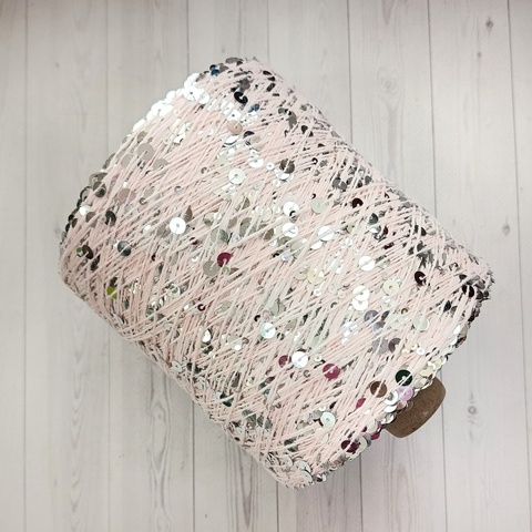 Пряжа Shine Paillettes 6398 серебро на нежно-розовом