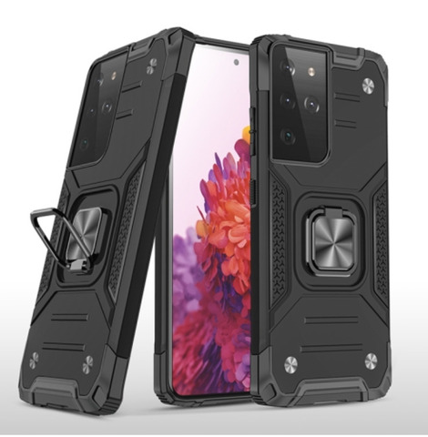 Противоударный чехол для Samsung Galaxy S21 Ultra / S30 Ultra черный с пластиной для магнитного автодержателя и кольцом подставкой