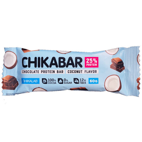Батончик протеиновый Кокос с шоколадной начинкой, 60г (Chikalab Chikabar) - магазин vegs.bio