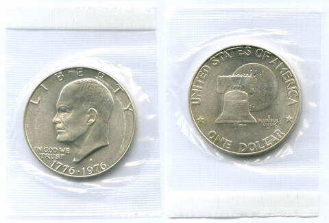 1 доллар 1976 год (S). США. 200-летие Декларации независимости. Серебро, диаметр 38.1 мм. UNC в родной запайке