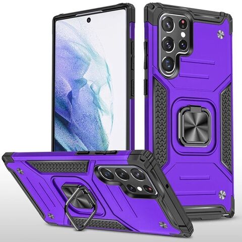 Противоударный чехол для Samsung Galaxy S22 Ultra фиолетовый с пластиной для магнитного автодержателя и кольцом подставкой