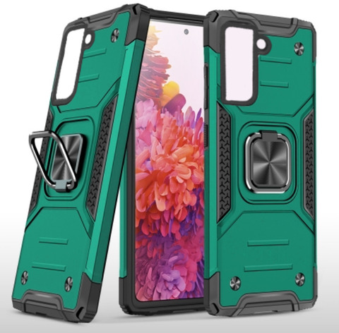 Противоударный чехол для Samsung Galaxy S21 FE зеленый с пластиной для магнитного автодержателя и кольцом подставкой / чехол накладка для телефона Самсунг Галакси С21 ФЕ трансформируется в подставку / чехол с держателем на палец