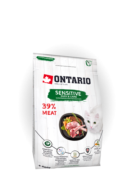 Сухой корм Корм для кошек с чувствительным пищеварением Ontario Cat Sensitive/Derma,  с уткой и ягненком NOVE-PYTLE-kocky_se-zari_550x730_0003_400-SENSITIVE-Duck-and-Lamb-1.png
