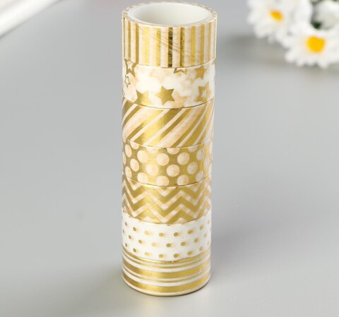 Клейкие WASHI-ленты для декора с фольгой ЗОЛОТИСТЫЕ,15 мм х 3 м (набор 7 шт) рисовая бумага