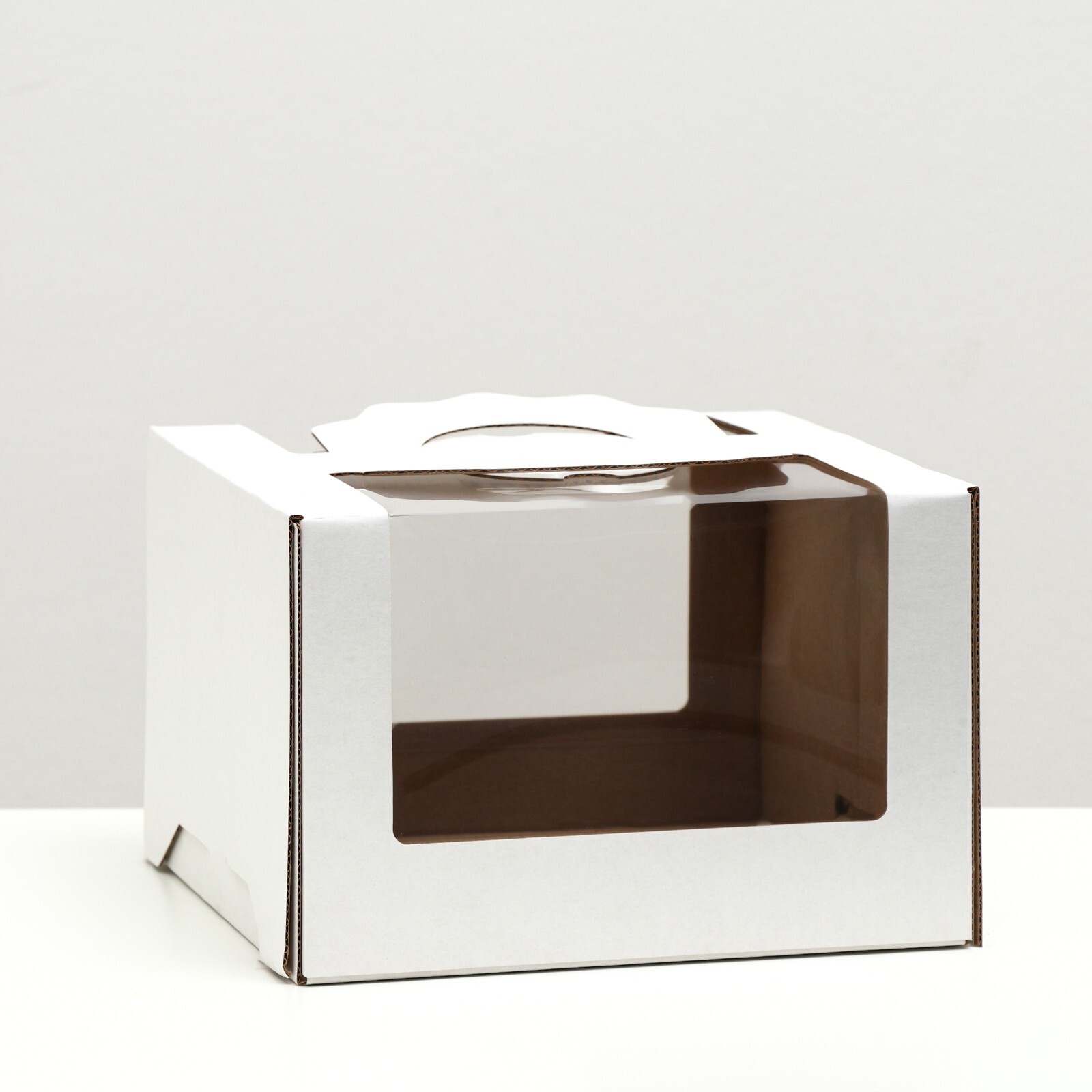 Коробка под торт 2 окна, с ручками, белая, 21 х 21 х14 см