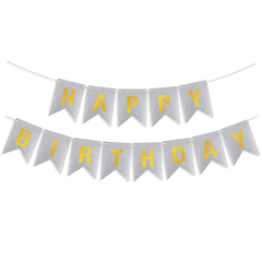 Гирлянда Флажки, Happy Birthday, Серебро/Золото, Металлик, с блестками, 350 см, 17*12 см, 1 упак.
