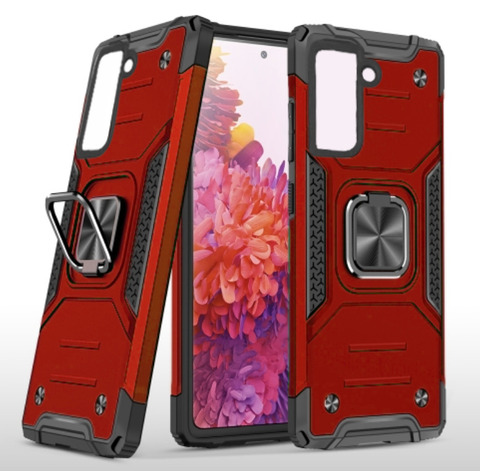 Противоударный чехол для Samsung Galaxy S21 FE красный с пластиной для магнитного автодержателя и кольцом подставкой / чехол накладка для телефона Самсунг Галакси С21 ФЕ трансформируется в подставку / чехол с держателем на палец