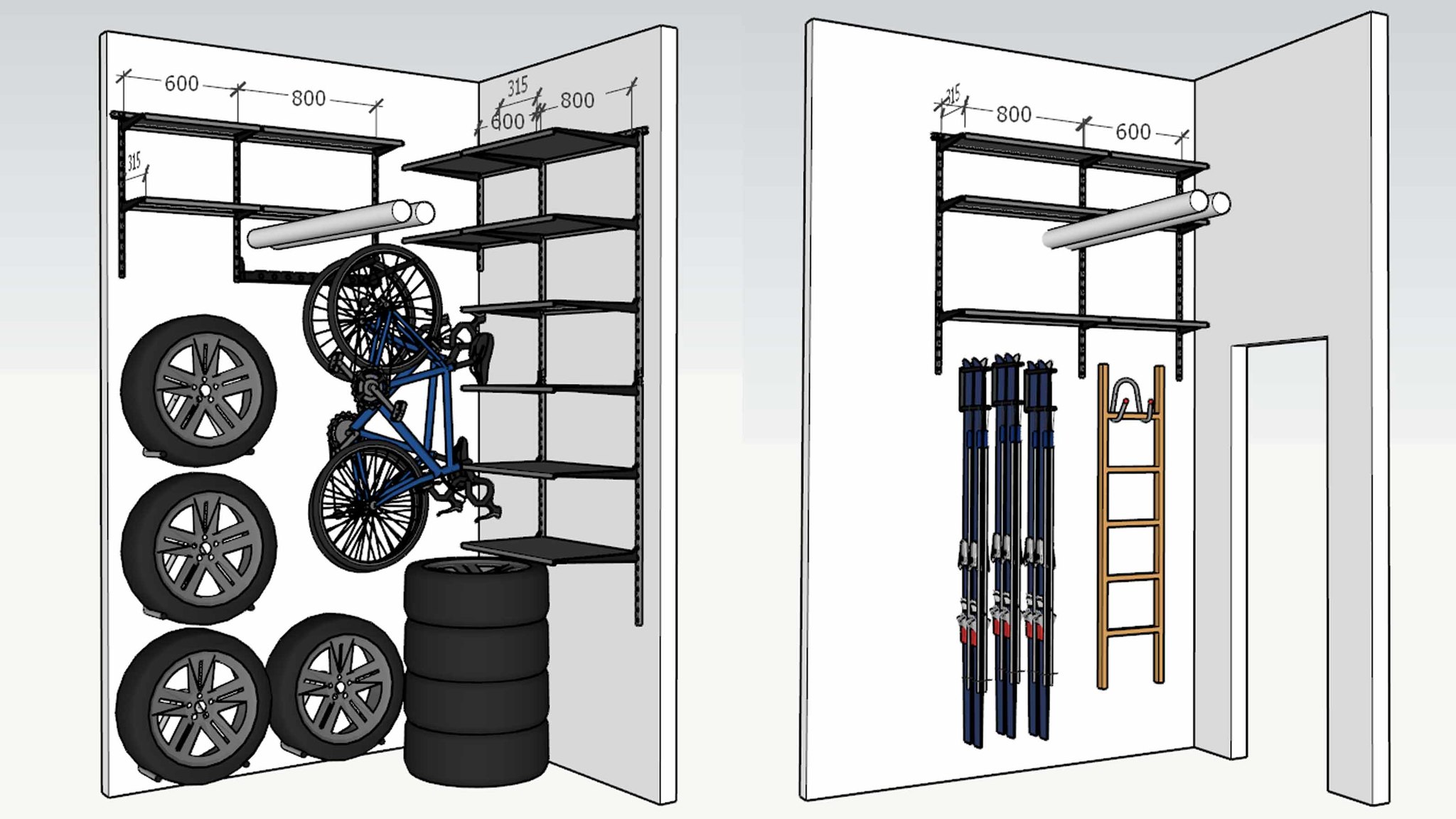 Обустройство кладовой под хранение шин и велосипеда - проект и фото