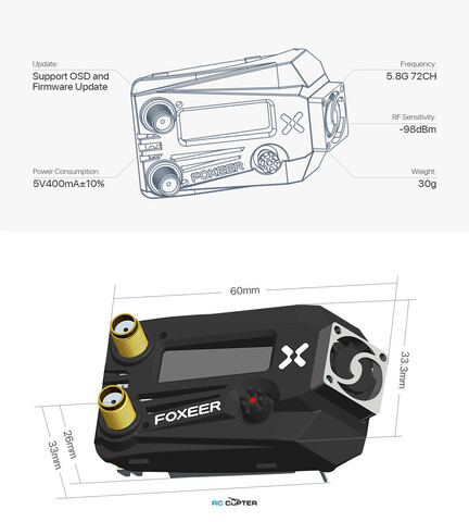 Приёмник Foxeer Wildfire 5.8G 72CH VRX OSD Dual Receiver для очков Fatshark