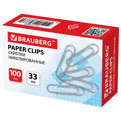 Скрепки BRAUBERG, 33 мм, никелированные, 100 шт., в картоннойкоробке, 270443