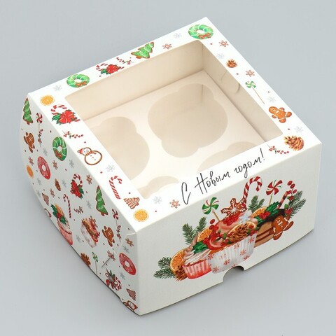 Коробка на 4 капкейка с окном «Новогодние сладости», 16×16×10 см