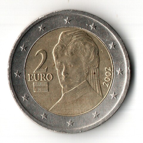 2 евро 2002 год. Австрия. Регулярный выпуск. Тип 1. Биметалл VF