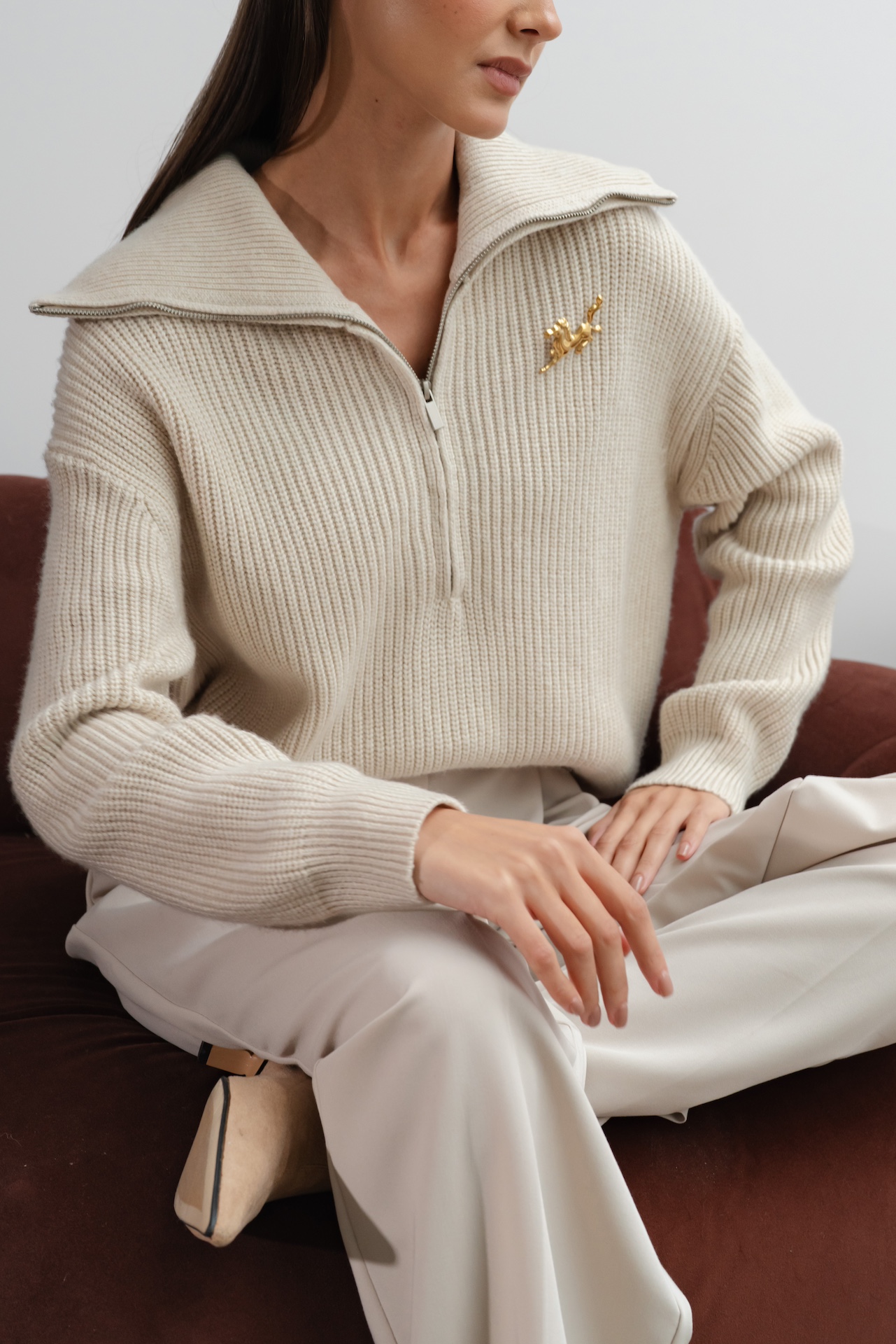 Джемпер с воротником стойкой на молнии с шерстью мериноса