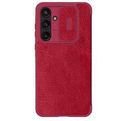 Красный кожаный чехол книжка от Nillkin для смартфона Samsung Galaxy A55 5G, серия Qin Pro Leather с защитной шторкой для камеры