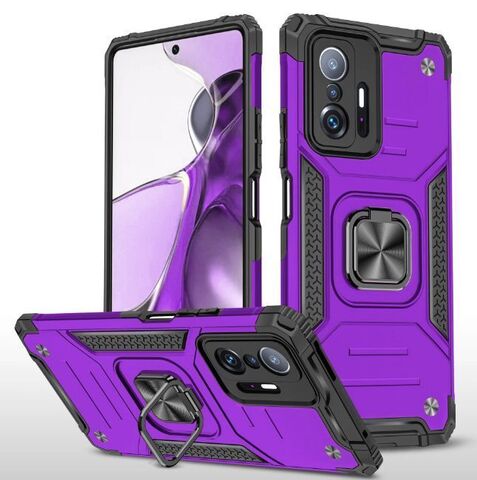 Противоударный чехол для Xiaomi 11T, 11T Pro фиолетовый с пластиной для магнитного автодержателя и кольцом подставкой, чехол на Сяоми