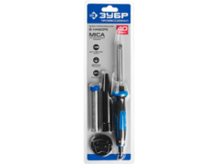 ЗУБР 40 Вт, в наборе: припой + подставка, 2к рукоятка, конус, керамический нагреватель, электропаяльник, Профессионал (55402-40)