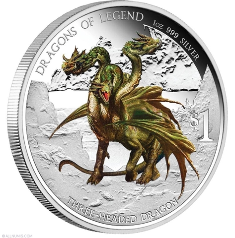 Тувалу 2013, 1 доллар, 1 унция, серебро. Драконы из легенд. Болгарский трехглавый Дракон