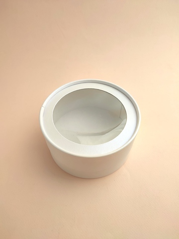 Коробка круглая с окном белая перламутр МАЛАЯ 12х6 см