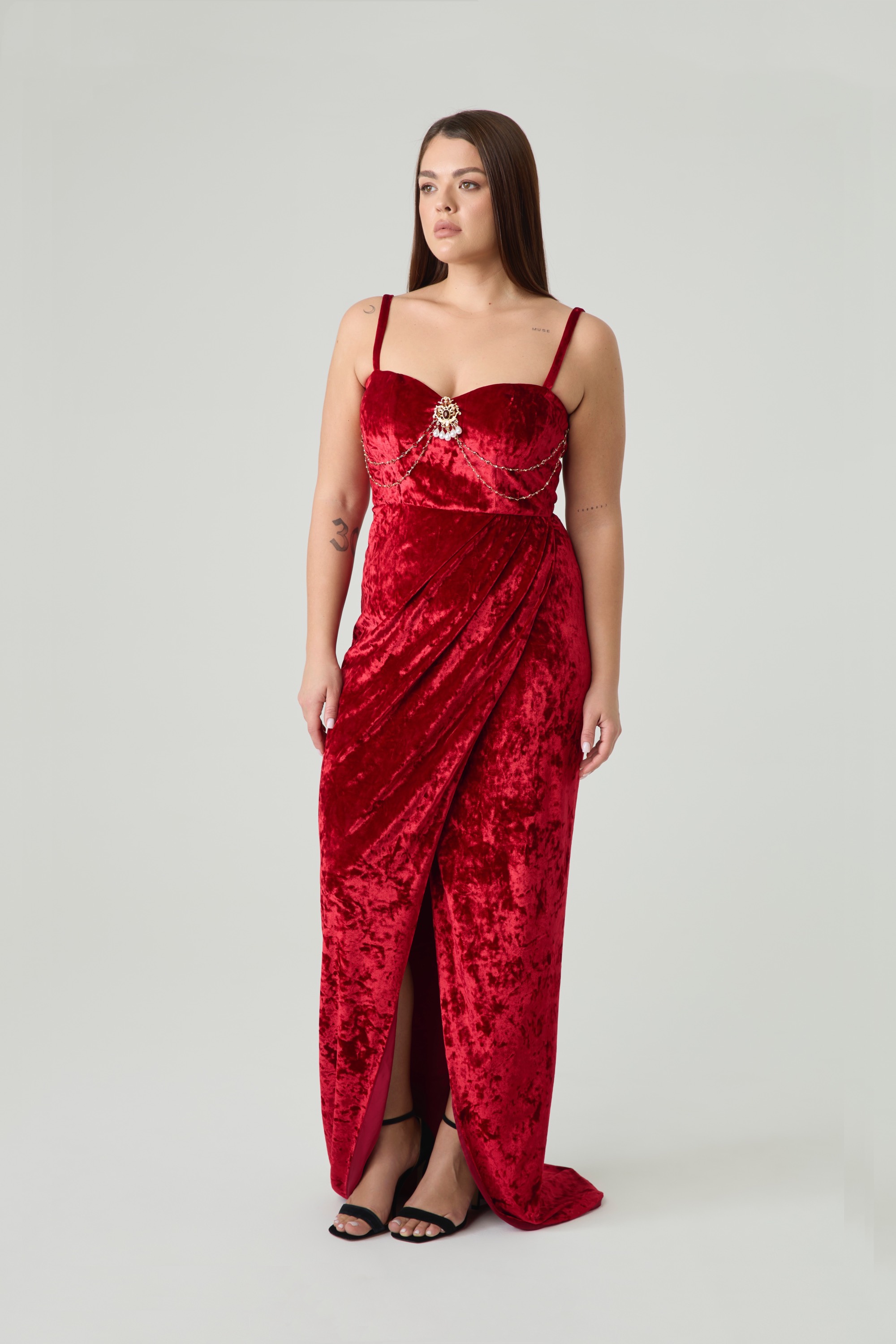 Платье из бархата макси с разрезом, красный
