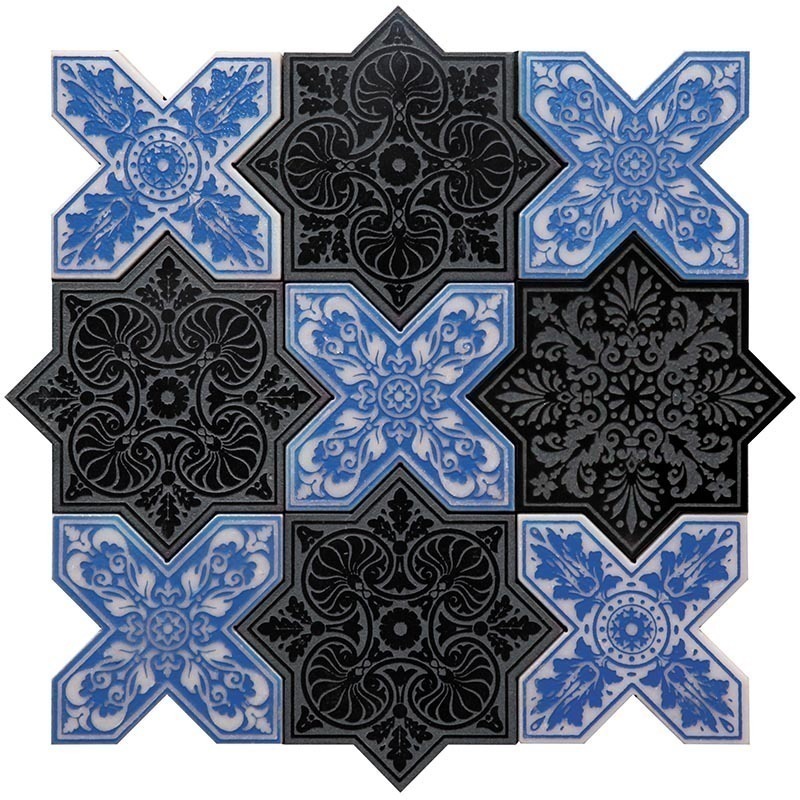 PNT BLACK-BLUE Итальянская мозаика мрамор Skalini Pantheon (цена за пару) черный голубой темный узор цветок