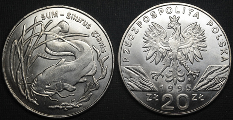 Жетон 20 злотых 1995 года Польша Всемирная природа - Сом Копия монеты посеребрение Копия