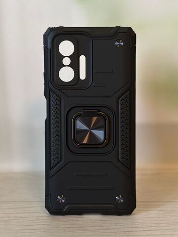 Противоударный чехол для Xiaomi 11T, 11T Pro черный с пластиной для магнитного автодержателя и кольцом подставкой, чехол на Сяоми