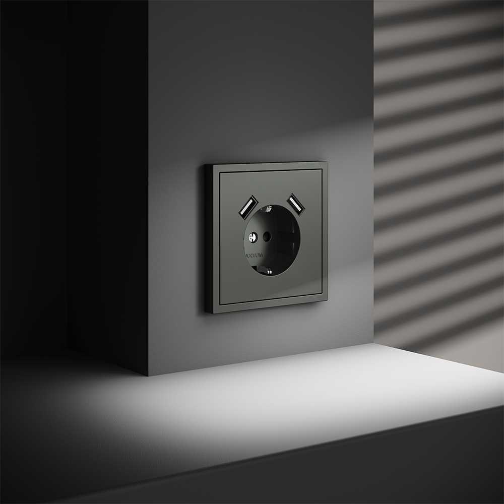 Розетка встраиваемая Voltum S70 с заземлением и защитными шторками, 16А, с USB, A+A, (титан) VLS040406