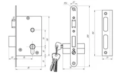70-1-006 Замок врезной ЗВ4-3.03 (медь), с подпружин. ручками, 4 ключа, 200х85мм, цилиндр. мех-м 70мм (ЗЕНИТ)
