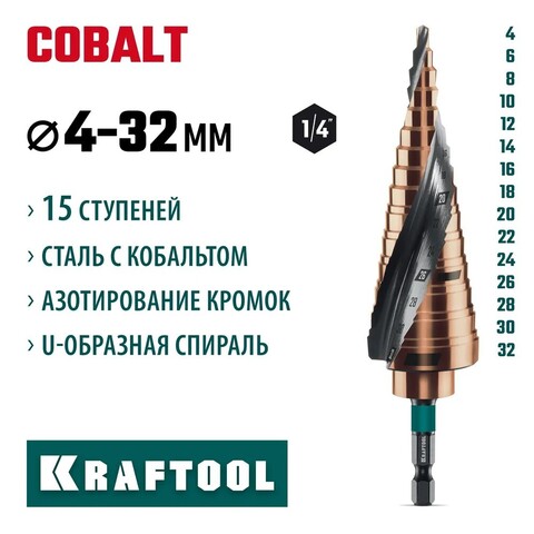 KRAFTOOL COBALT 4-32мм, 15 ступеней, азотирование, винтовая спираль, сверло ступенчатое(29691-4-32-15)
