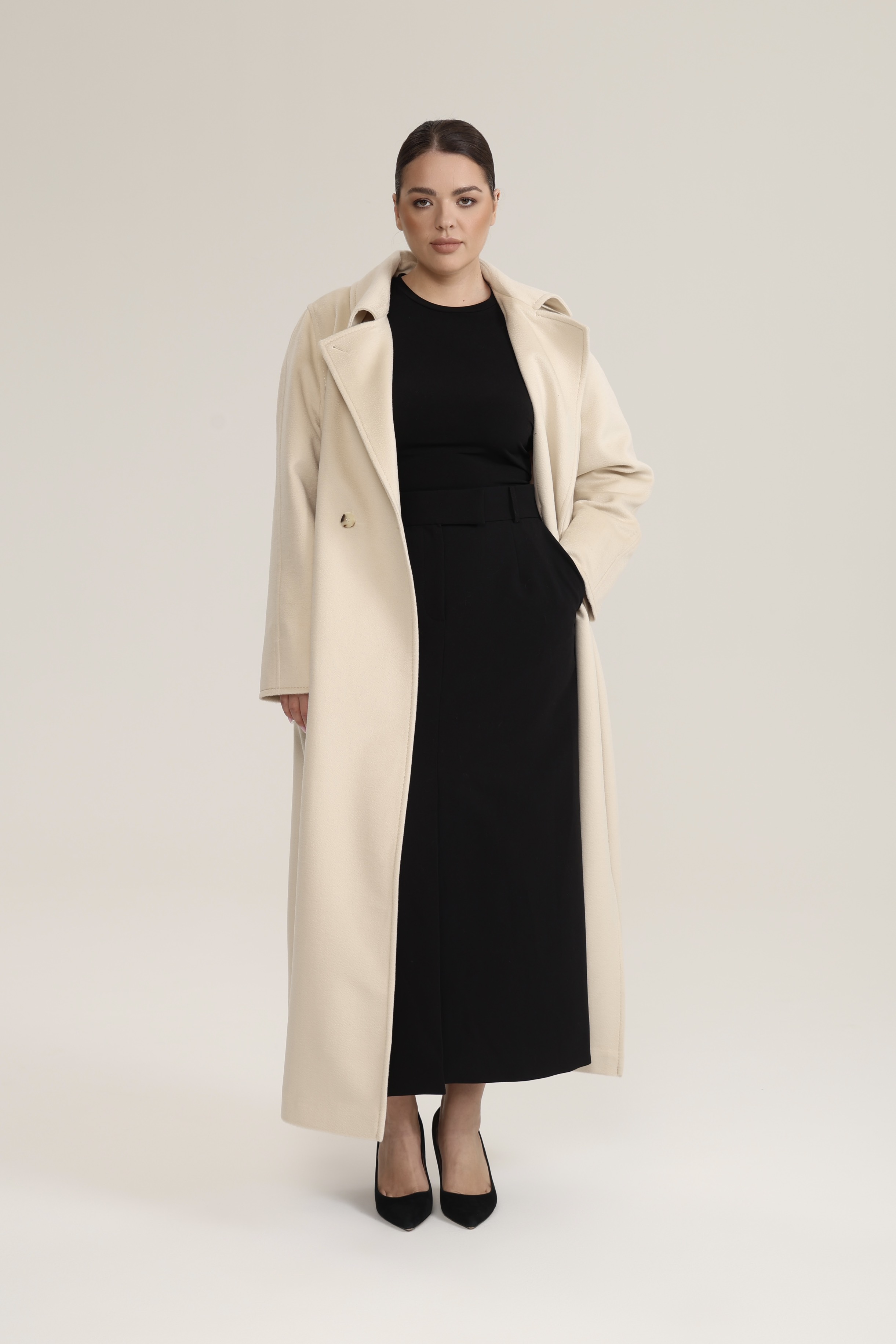 Пальто двубортное с отстрочкой, молочный