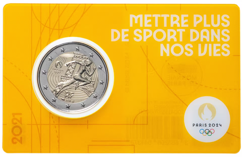 2 евро XXXIII летние Олимпийские игры, Париж 2024 в блистере желтого цвета Франция 2021 год
