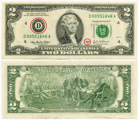 Банкнота США 2 доллара 2003A D 00551646 A (Кливленд). VF-XF