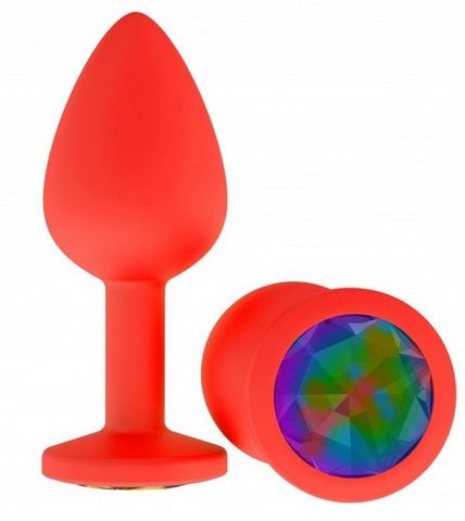 Красная анальная втулка с разноцветным кристаллом - 7,3 см. - Джага-Джага Анальные втулки с кристаллом 517-14 multicolored-DD