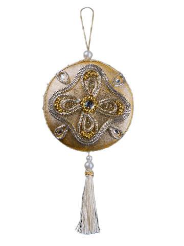 Елочная игрушка Медальон с кисточкой 13x20см ChristmasDeLuxe кремовый с золотом