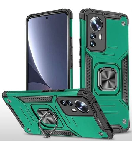 Противоударный чехол для Xiaomi 12 / 12X зеленый с пластиной для магнитного автодержателя и кольцом подставкой / чехол для Сяоми 12 / 12х