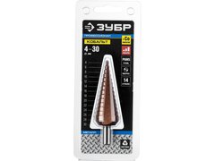ЗУБР Кобальт, 4-30 мм, 14 ступеней, сталь Р6М5, кобальтовое покрытие, ступенчатое сверло, Профессионал (29672-4-30-14)