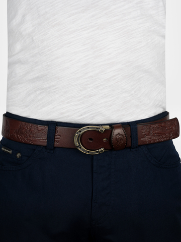 Кожаный ремень «В поле с конём» вишнёвого цвета