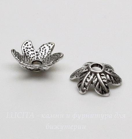 Шапочка для бусины "6 листиков" 11х4 мм (цвет - античное серебро), 10 штук