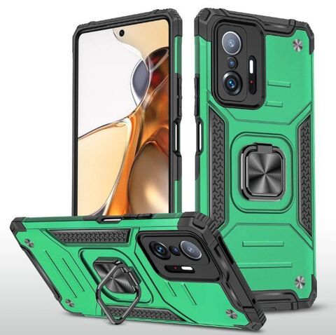 Противоударный чехол для Xiaomi 11T, 11T Pro зеленый с пластиной для магнитного автодержателя и кольцом подставкой, чехол на Сяоми