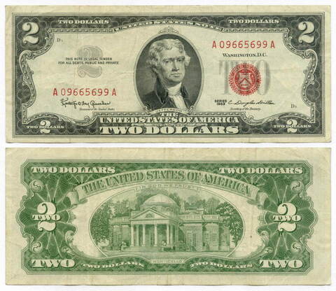 Банкнота США 2 доллара 1963 A 09665699 A. VF