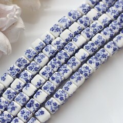 Бусина Кубик, керамика, белая с синей росписью, 8 мм, 1 шт, МК005