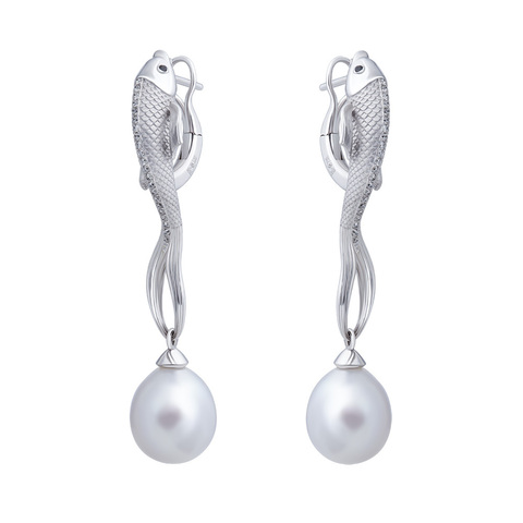 Серьги Рыбы с Морским Жемчугом, Сапфирами и Бриллиантами, E0251-0/14