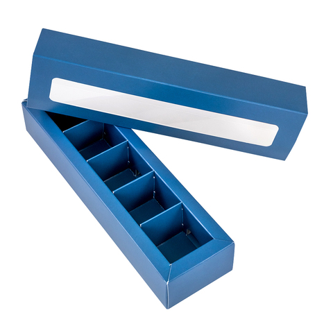 Коробка для 5 конфет с окном 20*5,5*3,5 см, Синяя
