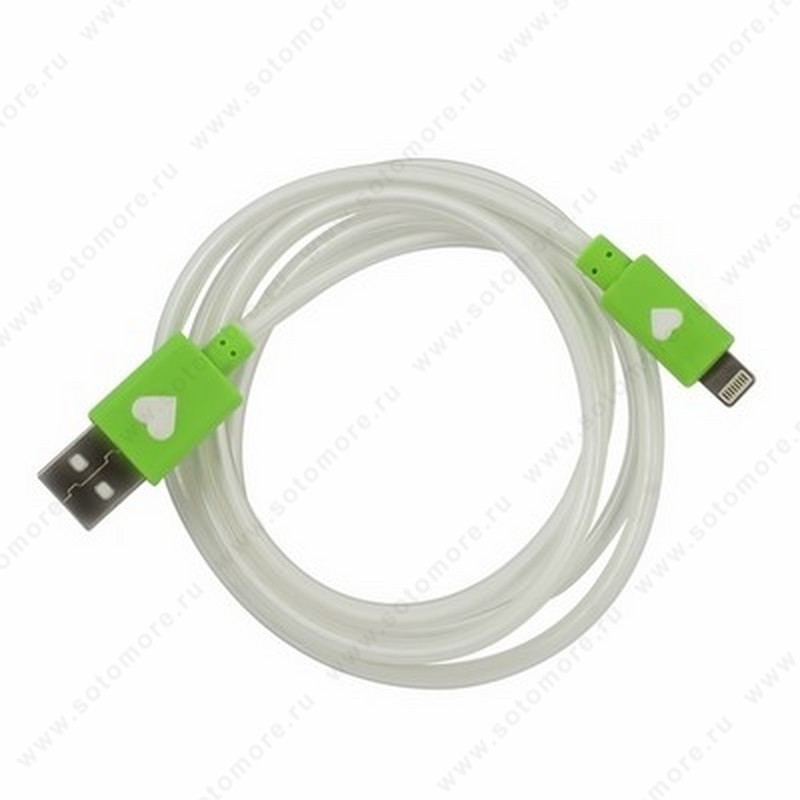 Кабель Lightning to USB 1.0 метр светящийся белый с зелеными наконечниками в техупаковке