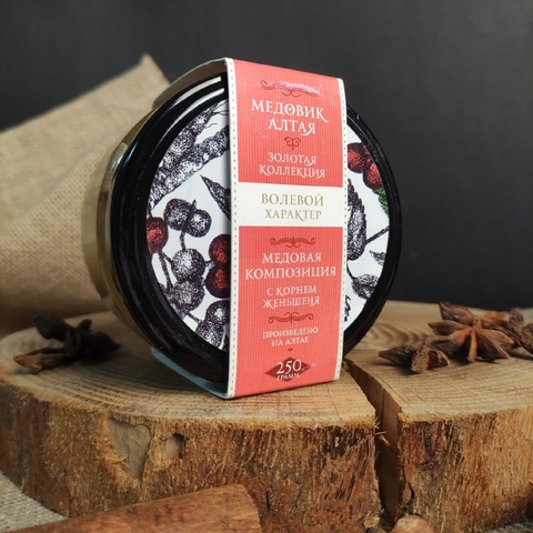 Мёд алтайский с корнем женьшеня "Волевой характер", 250 гр